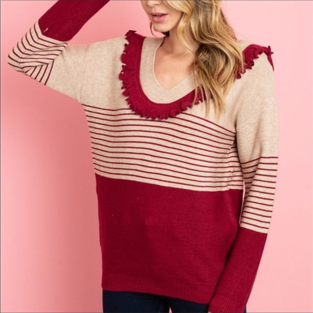 NWT Burgundy Long Sleeve Ruffle Sweater S, M, L - Picture 2 of 5